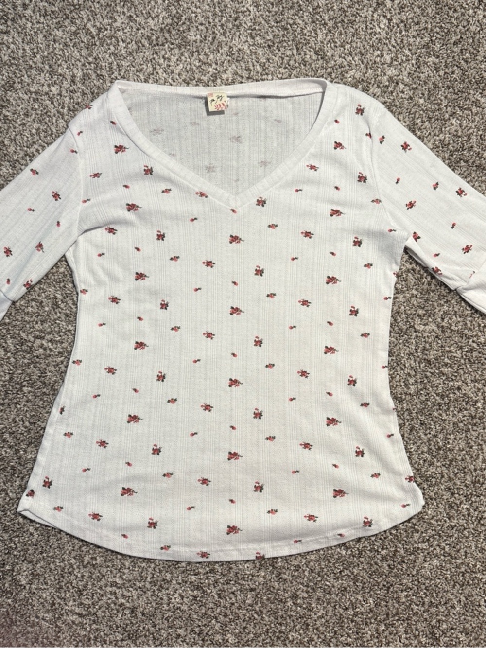 7th Ray White V-Neck Long Sleeve Top with Small Red Floral Print